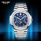 PINDU P6501 moon phase automatic watch blue dial diamond baguette bezel studio glow shot