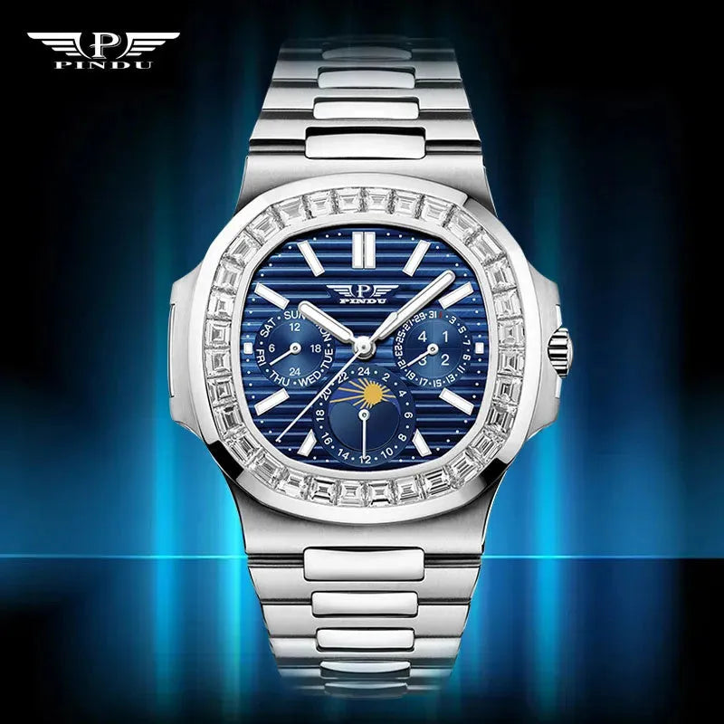 PINDU P6501 moon phase automatic watch blue dial diamond baguette bezel studio glow shot