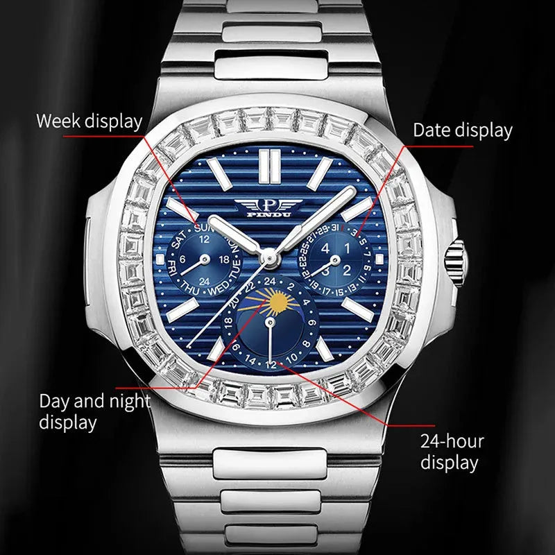 PINDU P6501 moon phase watch complications diagram week day-night 24-hour display labeled
