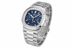 PINDU P6501 moon phase automatic watch silver case steel bracelet blue dial diamond baguette bezel full complications angled view