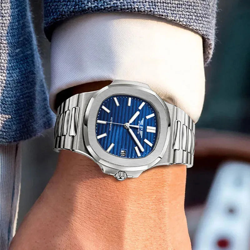 PINDU P6502 automatic watch on wrist casual blue dial silver case steel bracelet