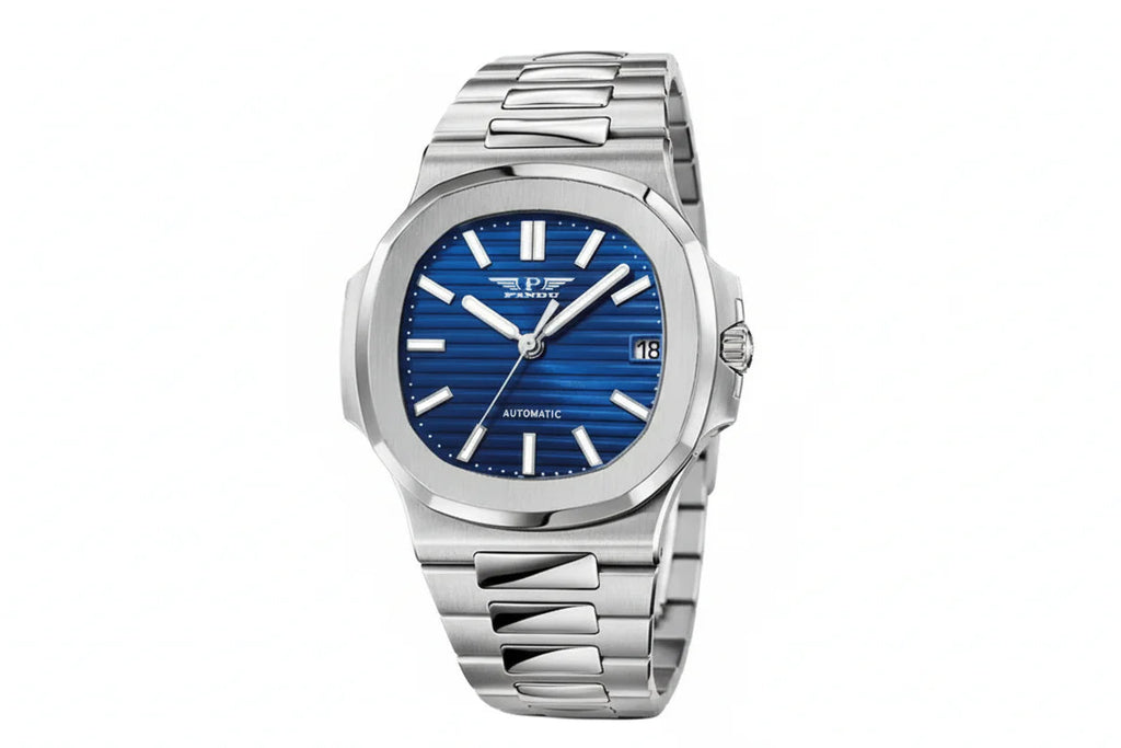 PINDU P6502 automatic watch silver case steel bracelet blue dial angled view