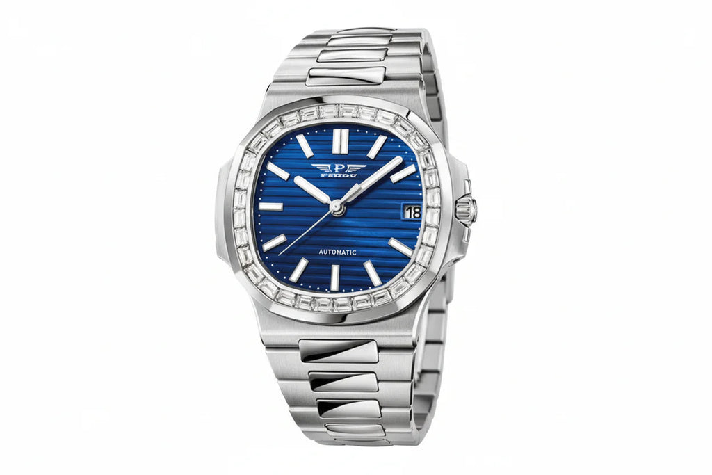 PINDU P6502 automatic watch silver case steel bracelet blue dial diamond baguette bezel angled view