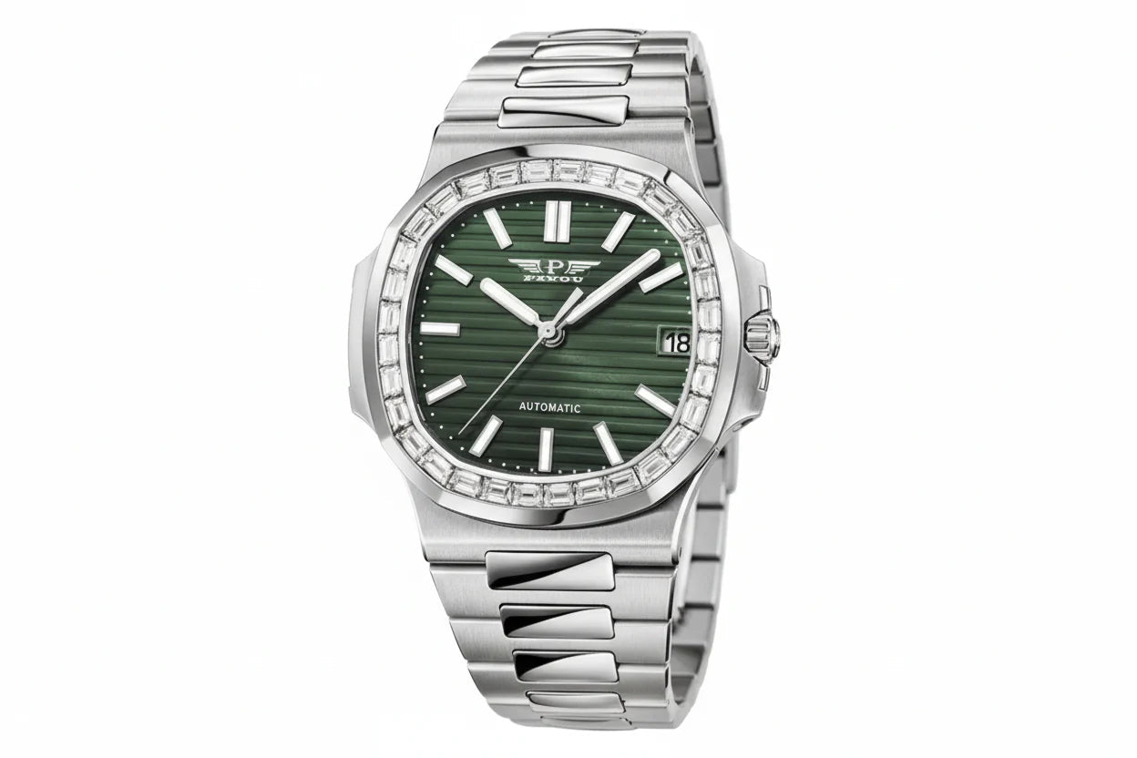 PINDU P6502 automatic watch silver case steel bracelet dark green dial diamond baguette bezel angled view