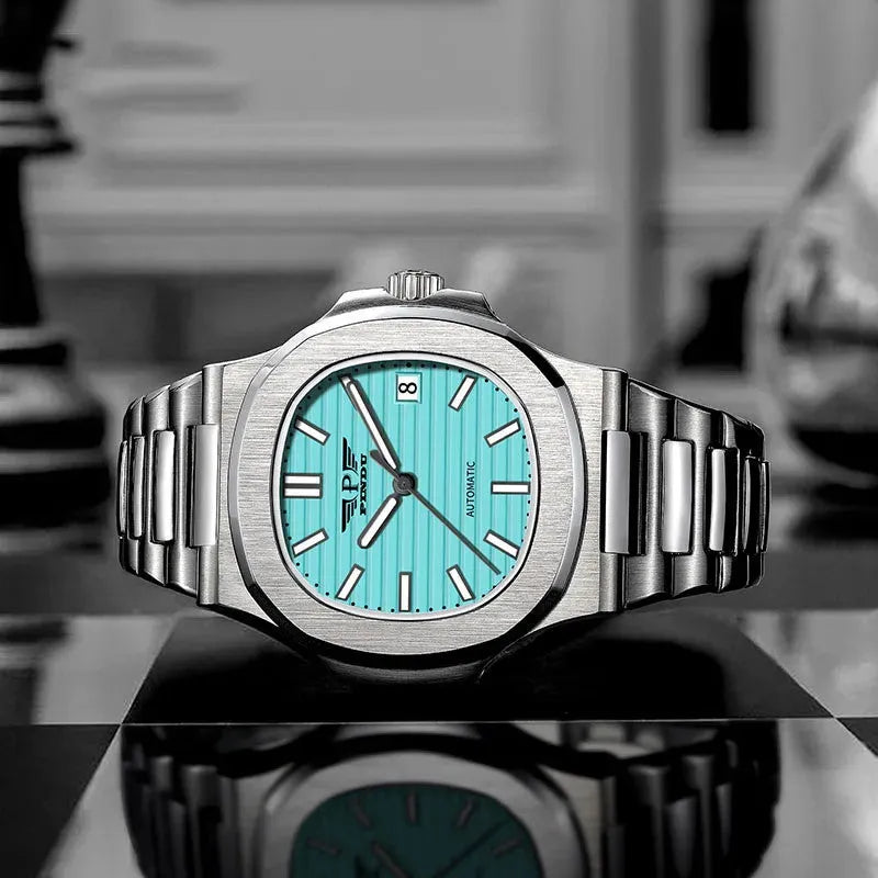 PINDU P6502 automatic watch lifestyle shot turquoise dial silver case steel bracelet