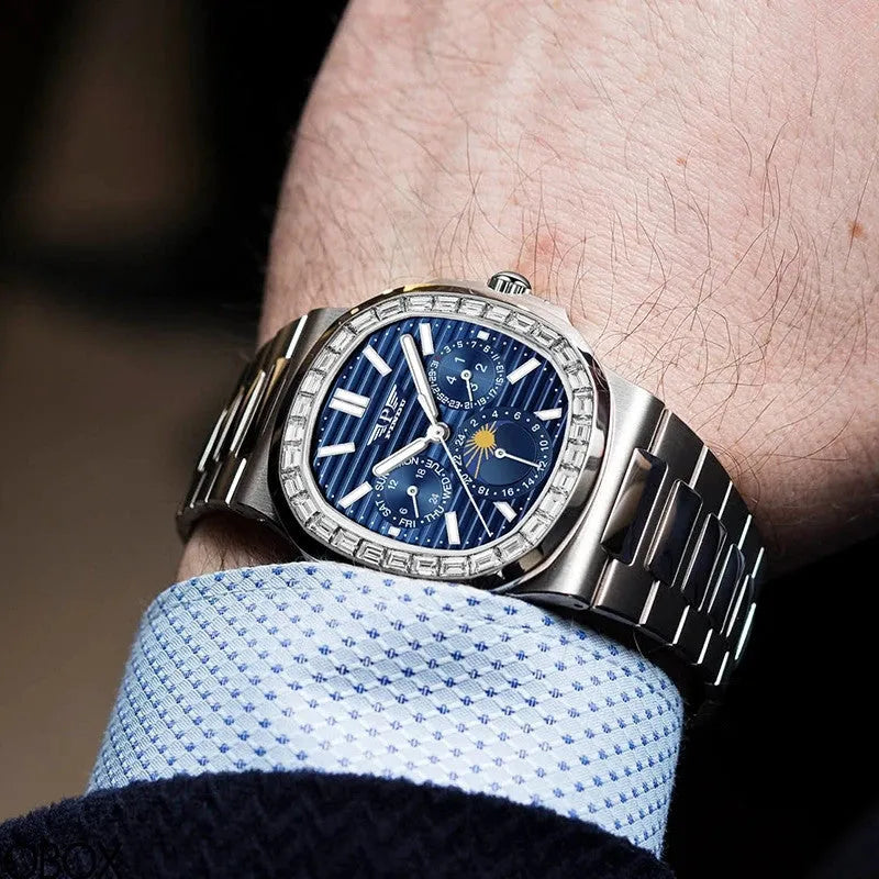 PINDU P6502 moon phase automatic watch on wrist formal blue dial diamond bezel complications