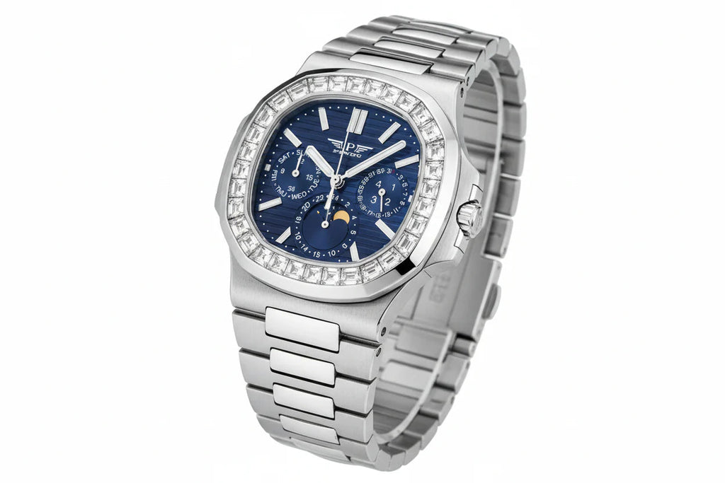 PINDU P6502 moon phase automatic watch silver case steel bracelet blue dial diamond baguette bezel full complications angled view
