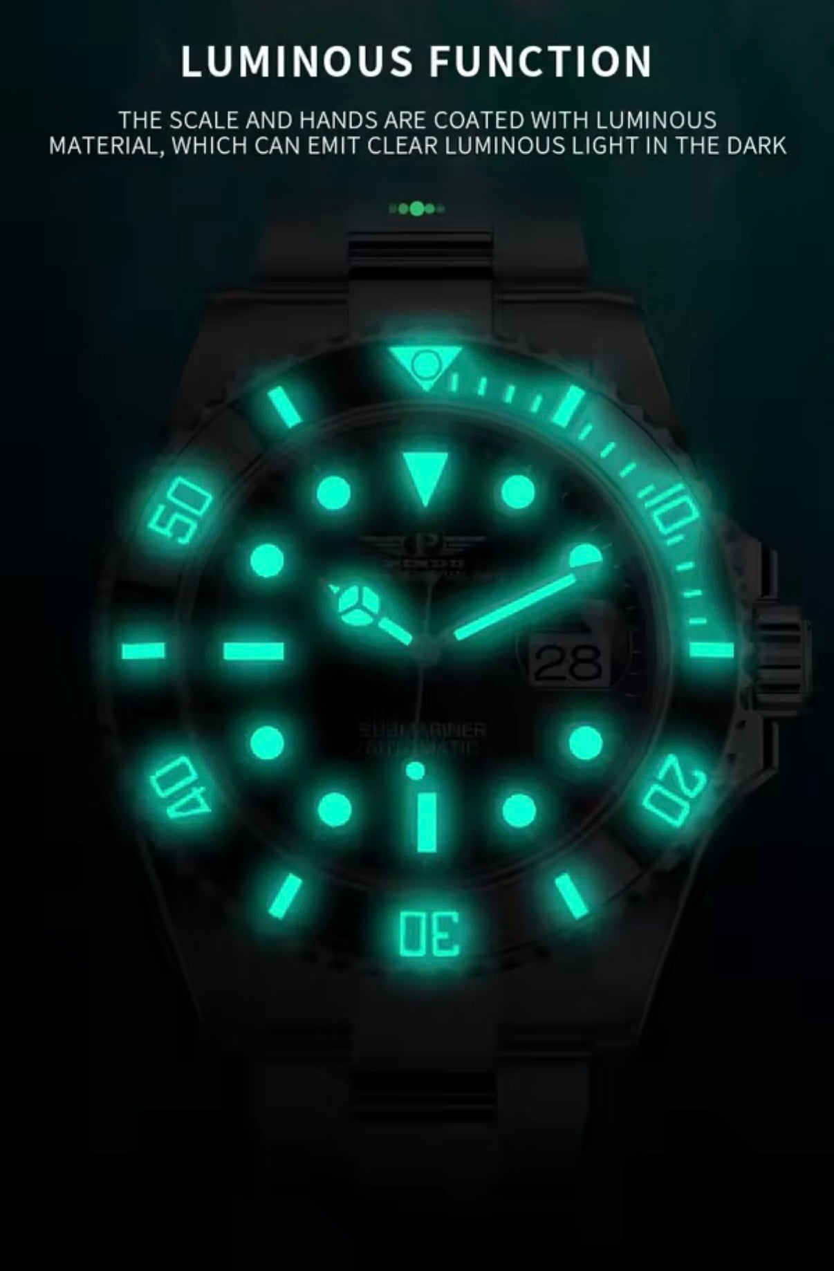 PINDU P6510 automatic diver watch black dial luminous dial close-up green lume hands and markers in dark