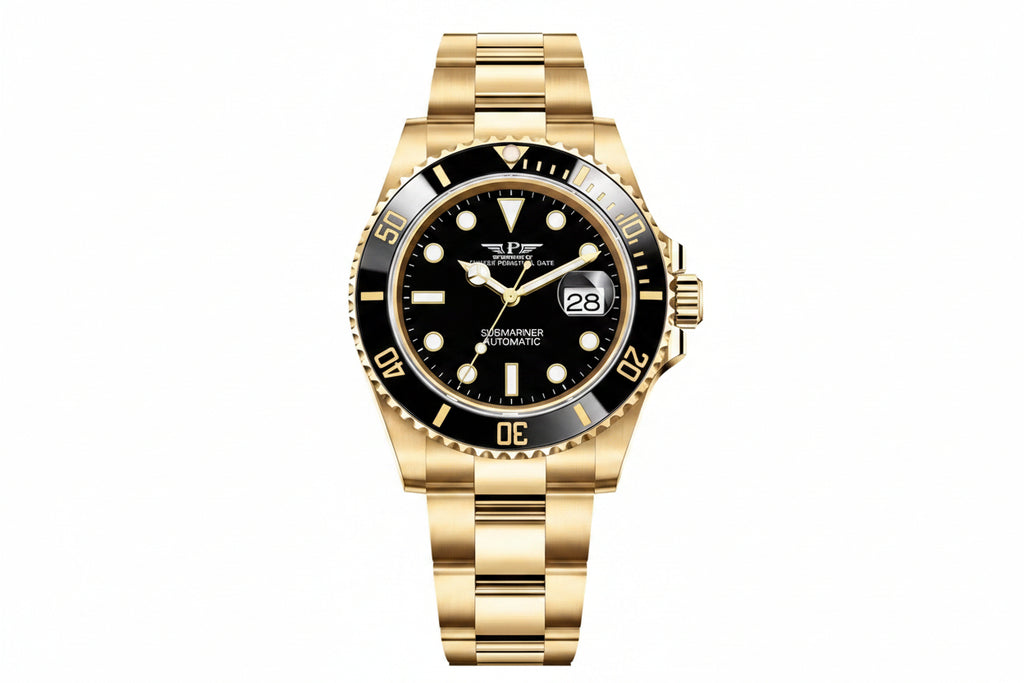 PINDU P6510 automatic diver watch gold case black dial black ceramic bezel steel bracelet front view