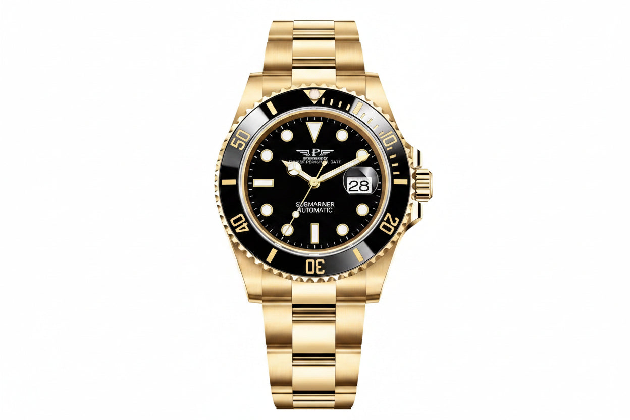 PINDU P6510 automatic diver watch gold case black dial black ceramic bezel steel bracelet front view