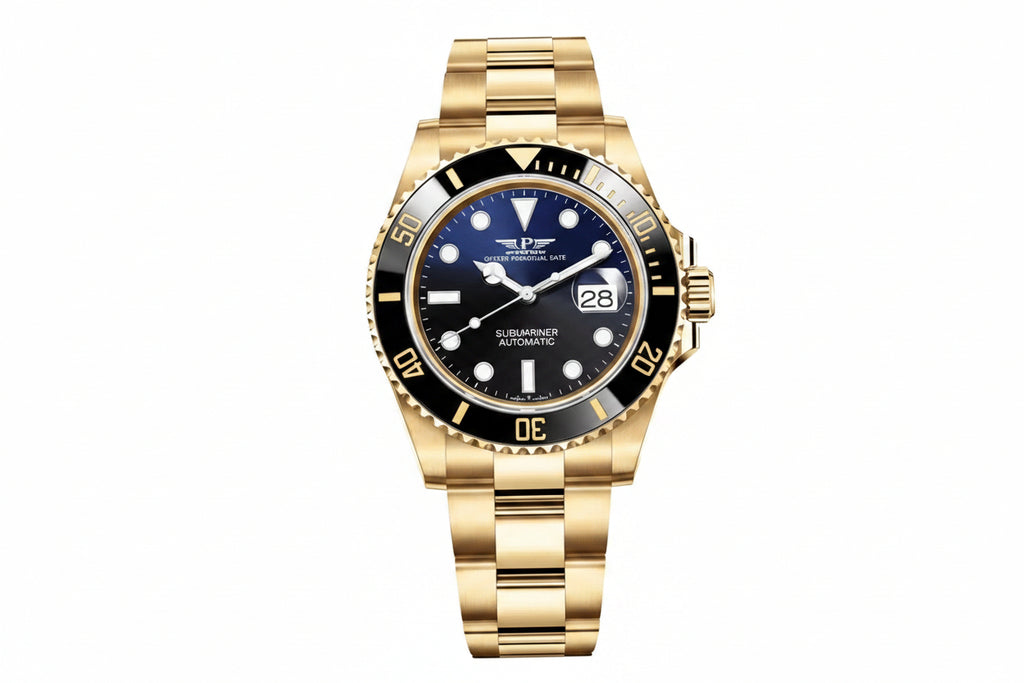 PINDU P6510 automatic diver watch gold case blue dial black ceramic bezel steel bracelet front view