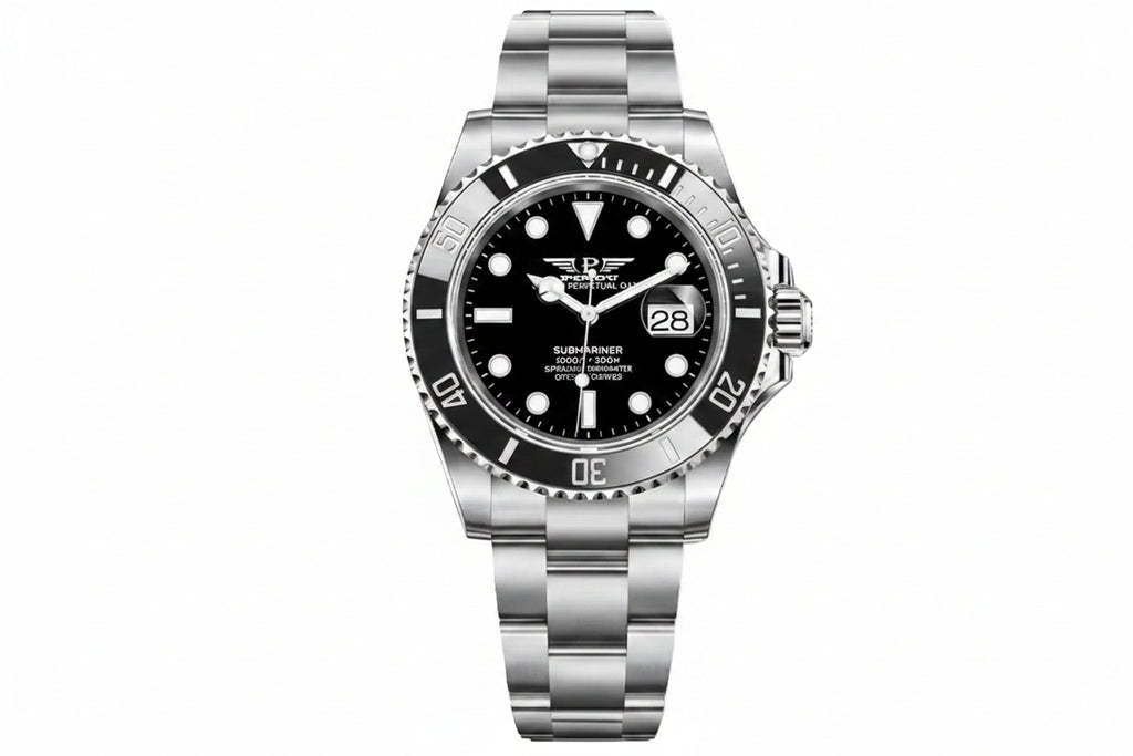 PINDU P6510 automatic diver watch silver case black dial black ceramic bezel luminous hands front view