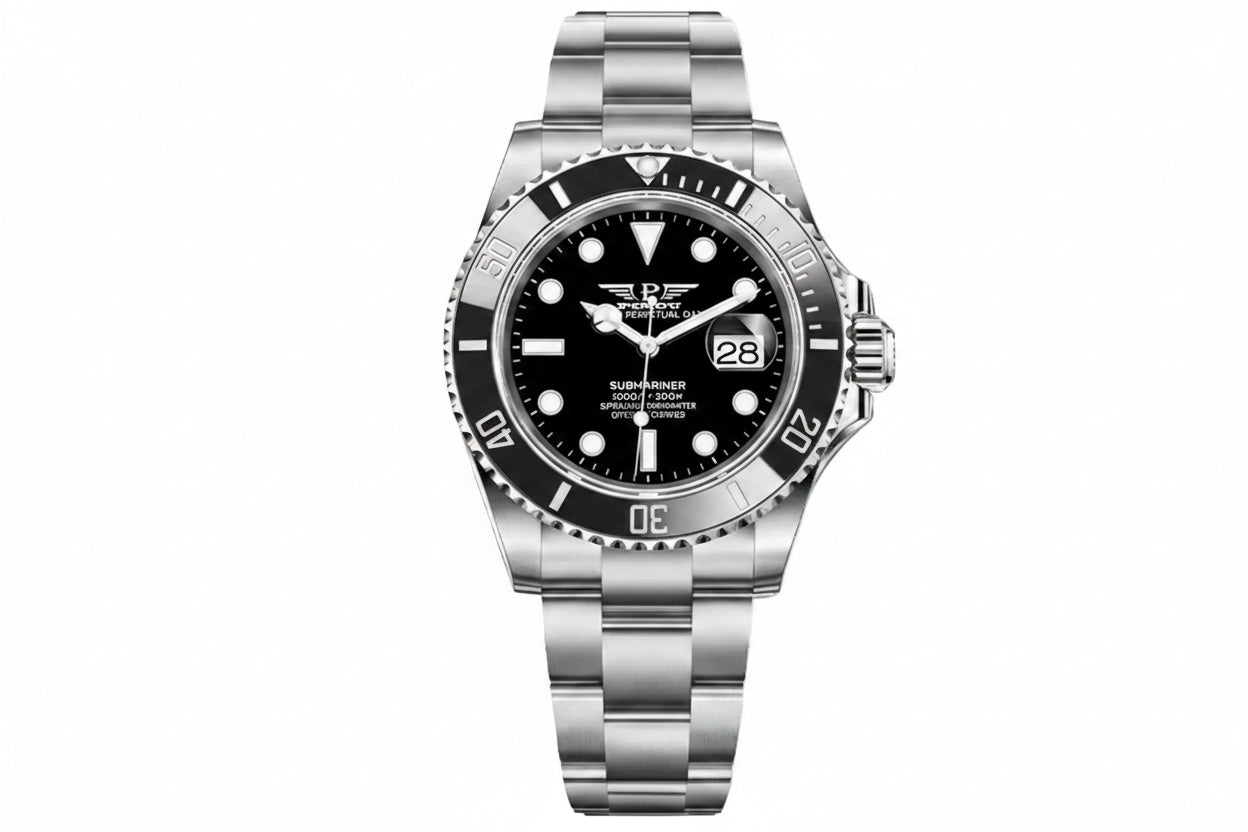 PINDU P6510 automatic diver watch silver case black dial black ceramic bezel luminous hands front view