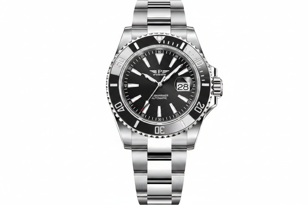 PINDU P6510 automatic diver watch silver case black dial black ceramic bezel steel bracelet side view