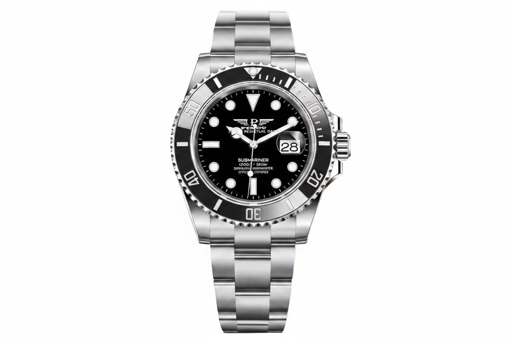 PINDU P6510 automatic diver watch silver case black dial black ceramic bezel steel bracelet front view