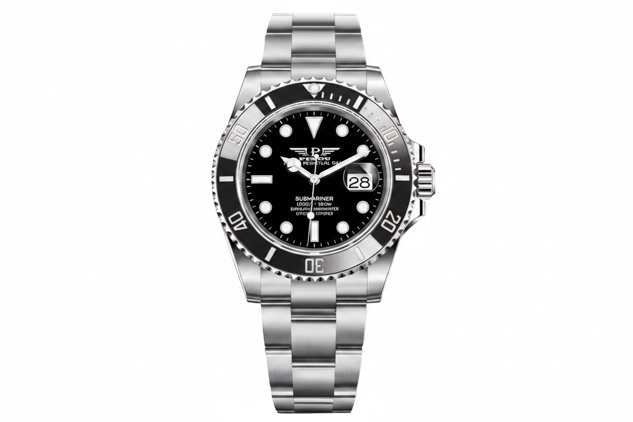 PINDU P6510 automatic diver watch silver case black dial black ceramic bezel steel bracelet front view