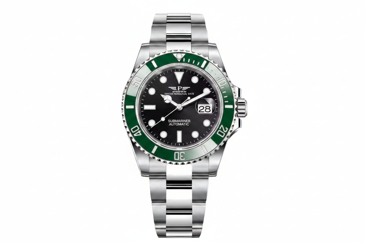 PINDU P6510 automatic diver watch silver case black dial green ceramic bezel steel bracelet front view