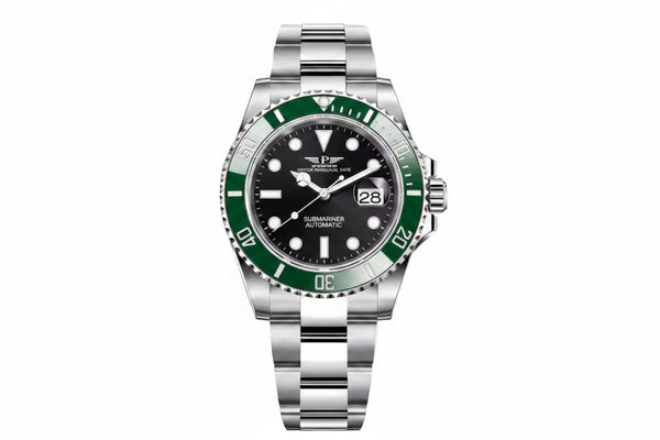 PINDU P6510 automatic diver watch silver case black dial green ceramic bezel steel bracelet front view