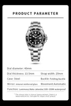 PINDU P6510 automatic diver watch specifications 40mm steel case mineral glass 100-200M waterproof