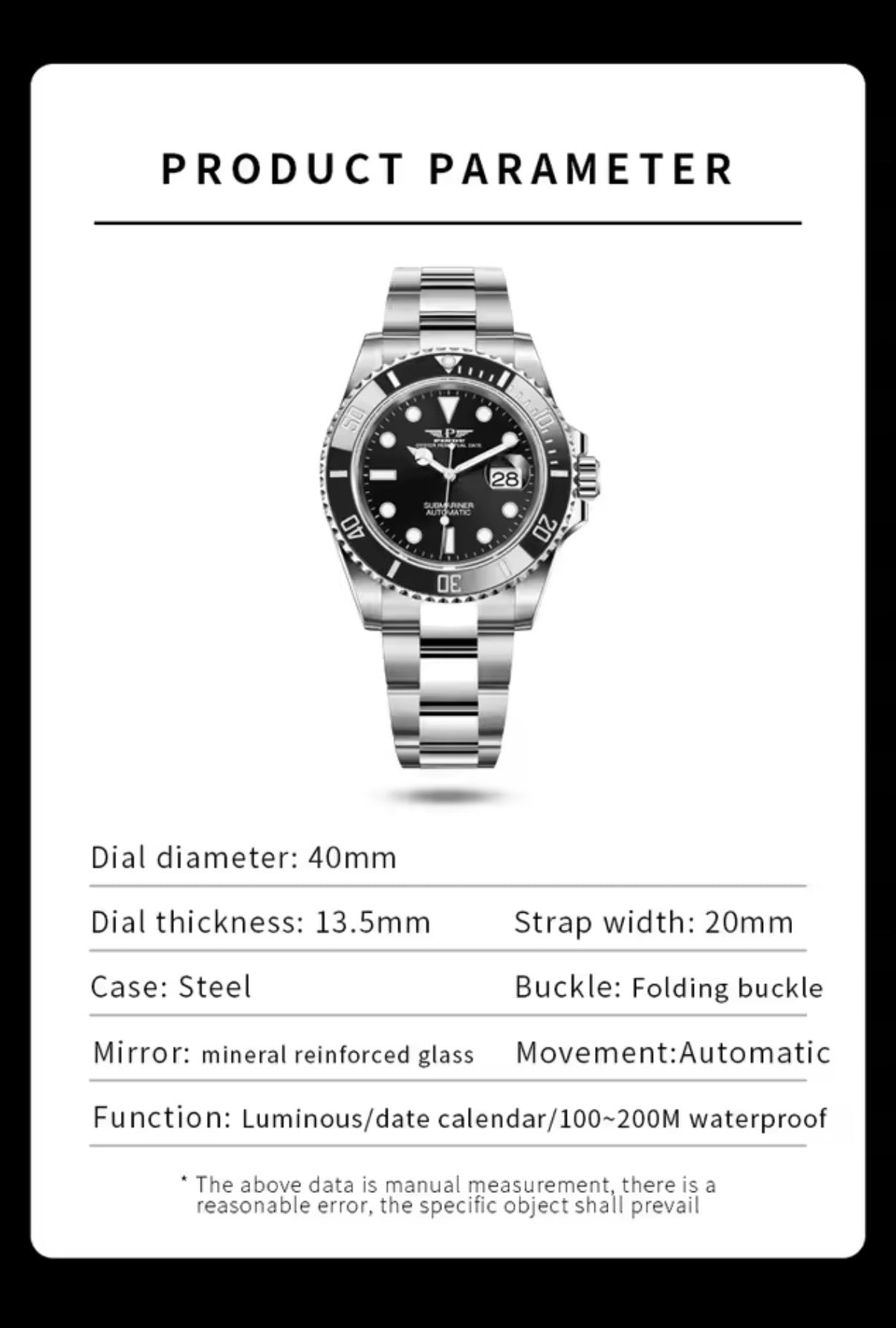 PINDU P6510 automatic diver watch specifications 40mm steel case mineral glass 100-200M waterproof
