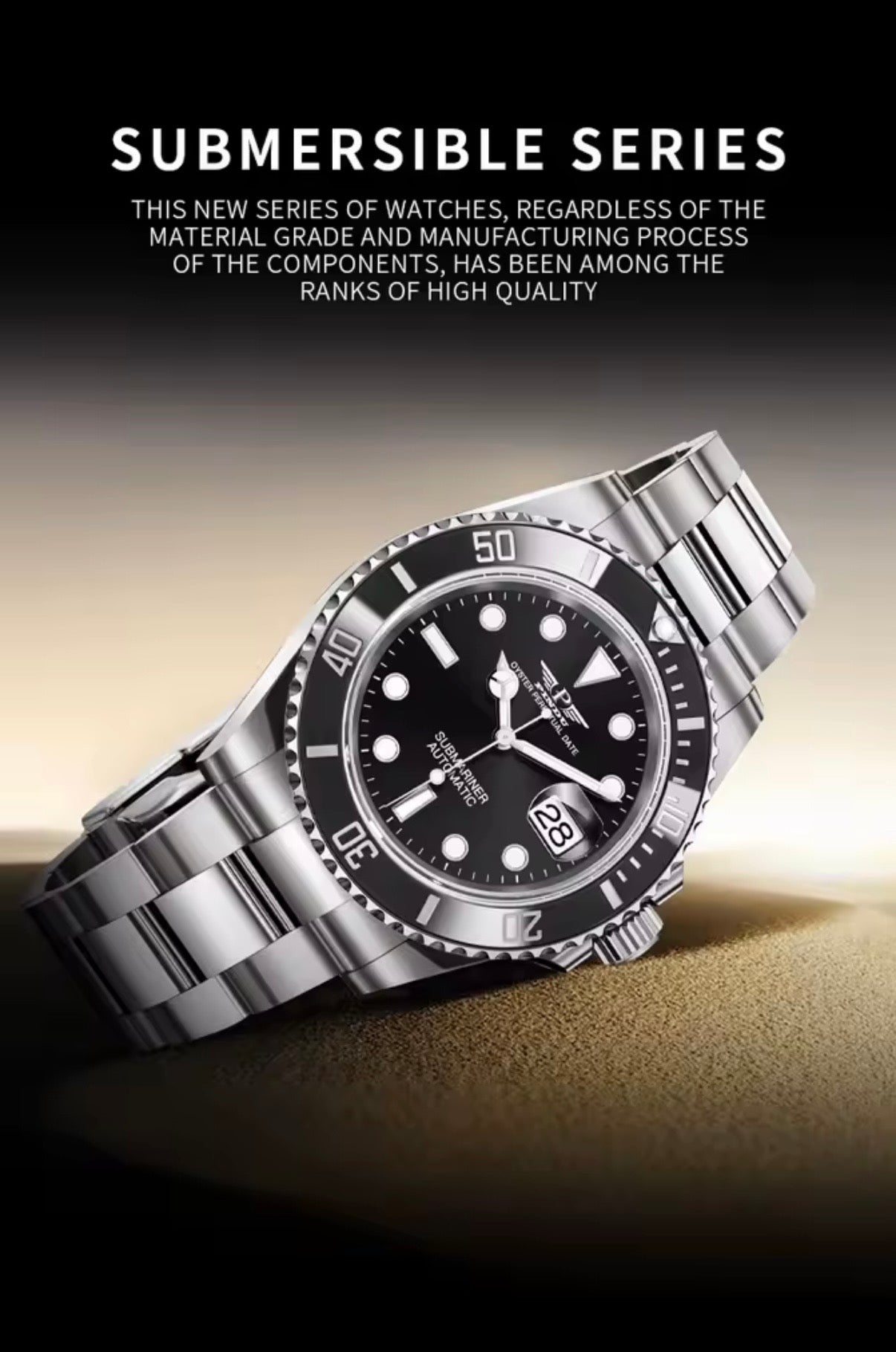 PINDU P6510 automatic diver watch silver case black dial black ceramic bezel submersible series lifestyle shot
