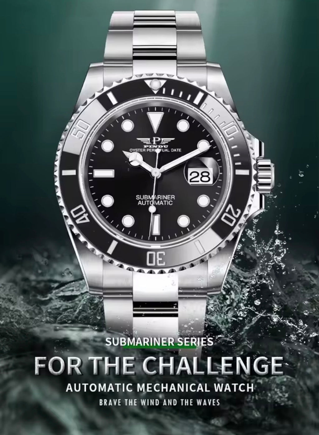 PINDU P6510 automatic diver watch silver case black dial ceramic bezel water splash lifestyle shot