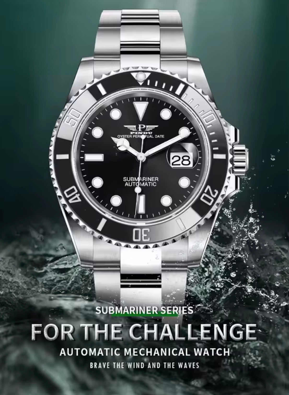 PINDU P6510 automatic diver watch silver case black dial ceramic bezel water splash lifestyle shot