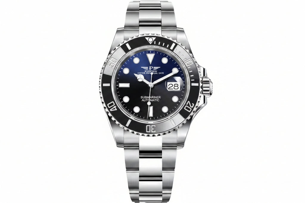 PINDU P6510 automatic diver watch silver case blue dial black ceramic bezel luminous markers front view
