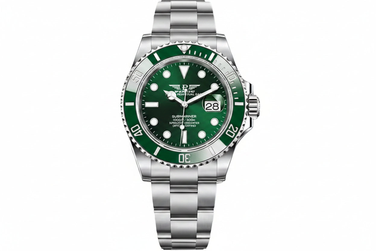 PINDU P6510 automatic diver watch silver case green dial green ceramic bezel luminous hands front view