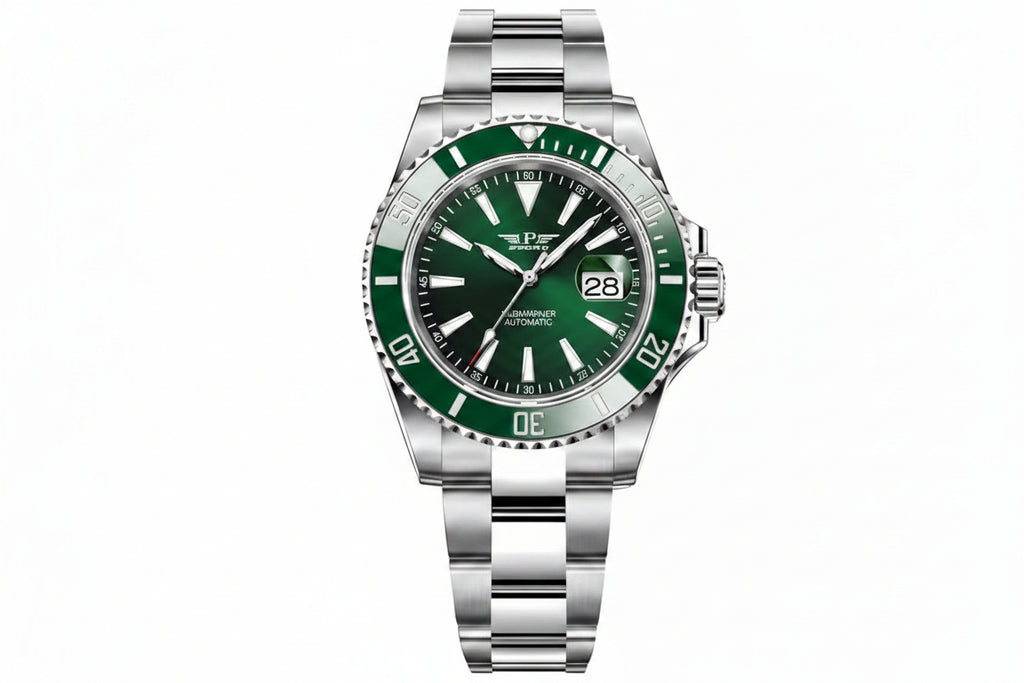 PINDU P6510 automatic diver watch silver case green dial green ceramic bezel steel bracelet angle view