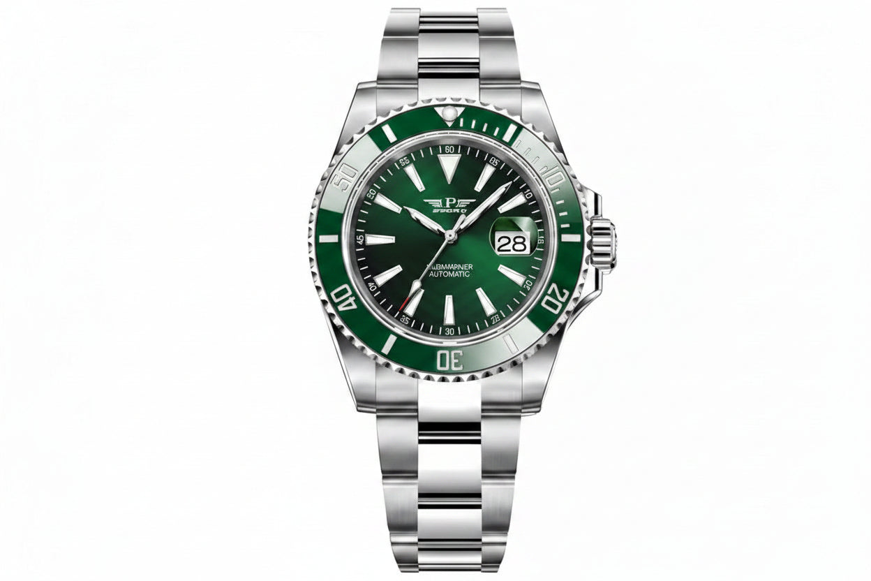 PINDU P6510 automatic diver watch silver case green dial green ceramic bezel steel bracelet angle view