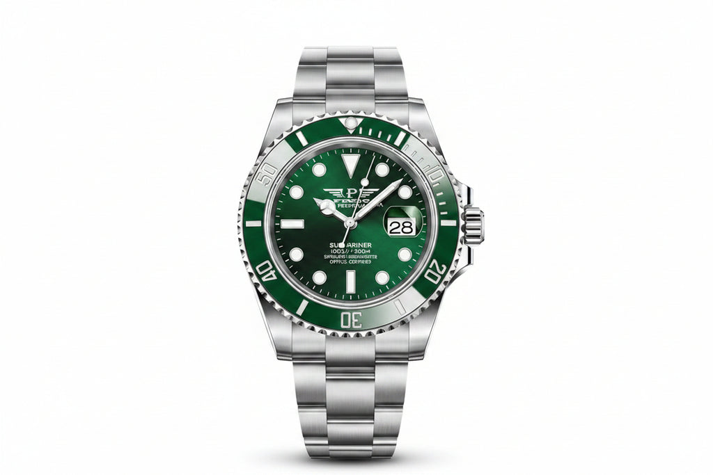 PINDU P6510 automatic diver watch silver case green dial green ceramic bezel steel bracelet front view