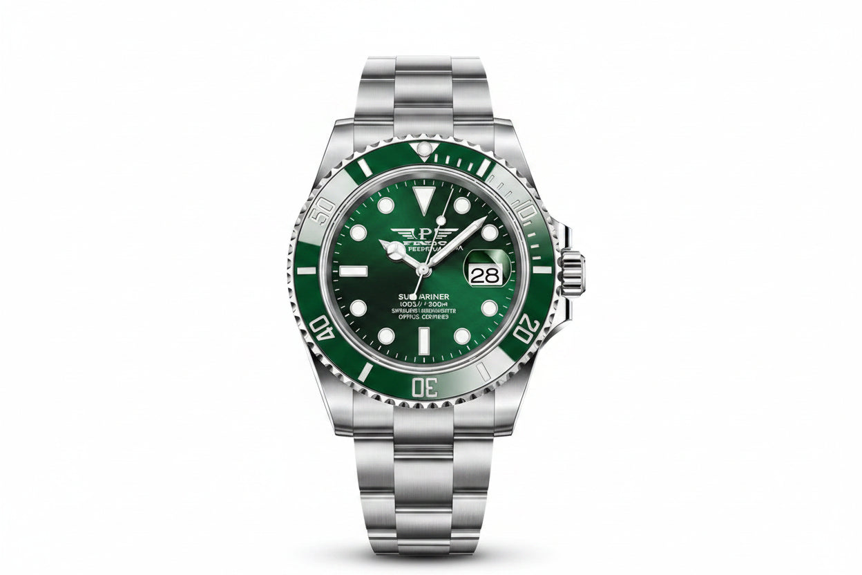PINDU P6510 automatic diver watch silver case green dial green ceramic bezel steel bracelet front view