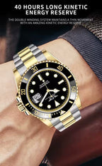 PINDU P6510 automatic diver watch two-tone gold silver case black dial ceramic bezel steel bracelet wrist shot