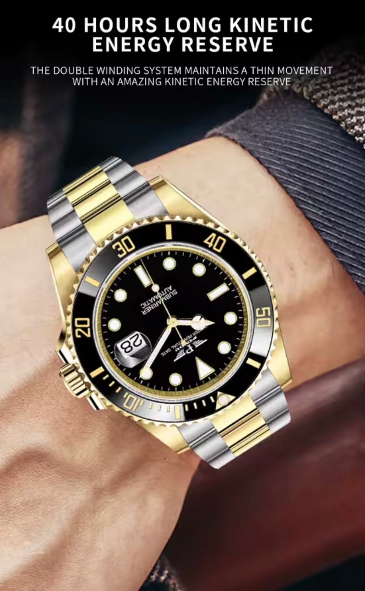 PINDU P6510 automatic diver watch two-tone gold silver case black dial ceramic bezel steel bracelet wrist shot