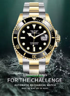 PINDU P6510 automatic diver watch two-tone gold silver case black dial ceramic bezel water splash lifestyle shot