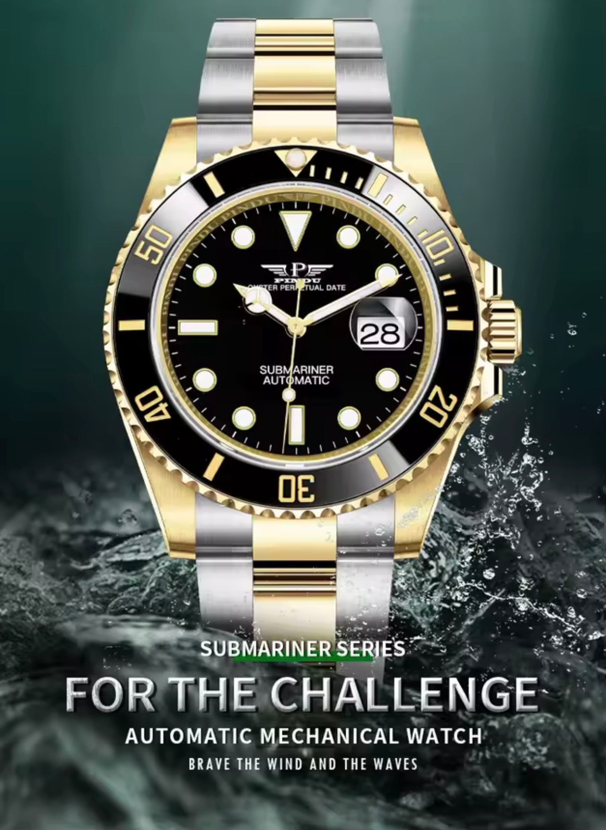 PINDU P6510 automatic diver watch two-tone gold silver case black dial ceramic bezel water splash lifestyle shot