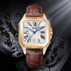 PINDU P6515 men's automatic square cushion watch lifestyle dark background rose gold case brown leather strap white dial