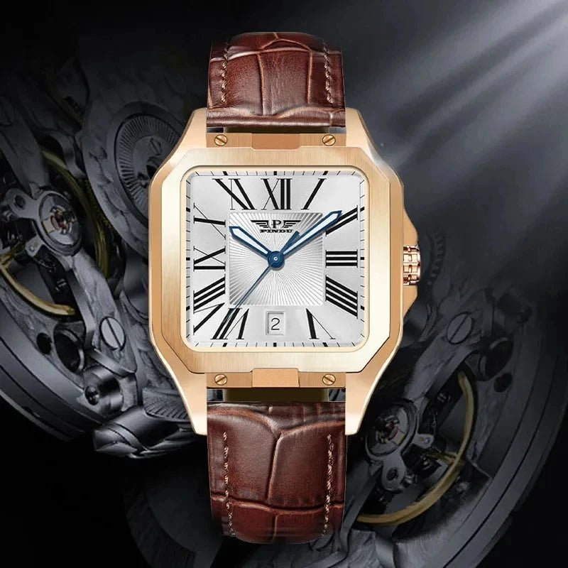 PINDU P6515 men's automatic square cushion watch lifestyle dark background rose gold case brown leather strap white dial