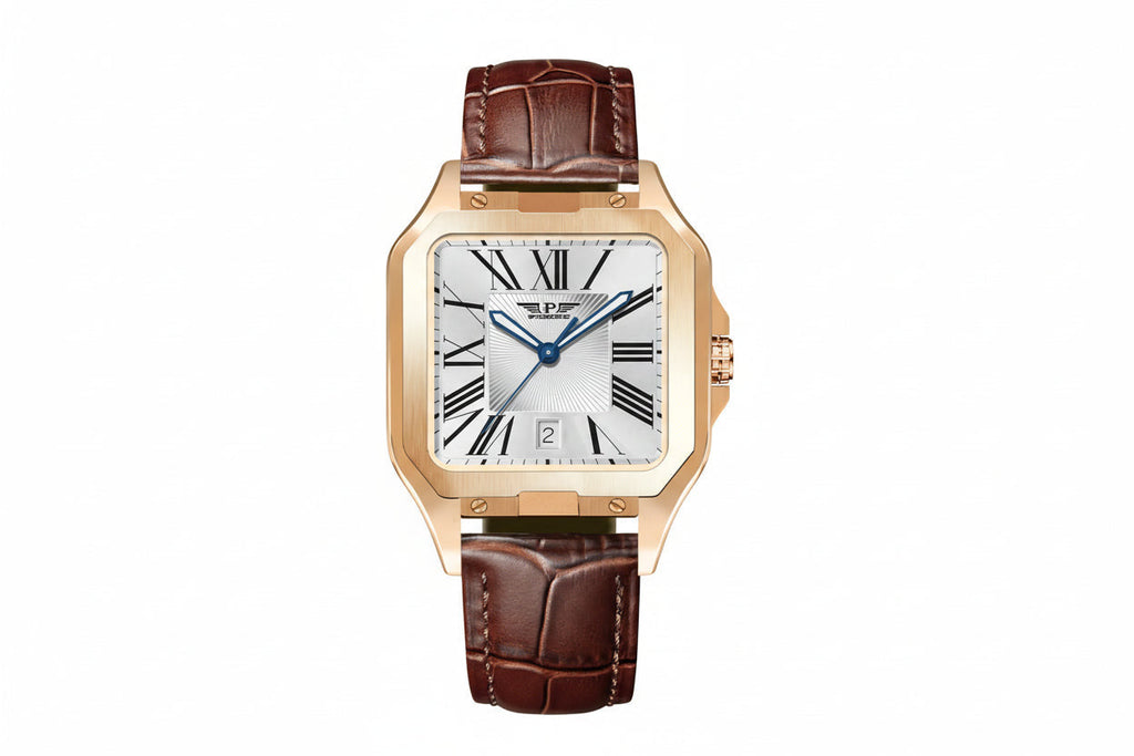 PINDU P6515 men's automatic square cushion case watch rose gold case brown leather strap white dial Roman numerals blue hands front view