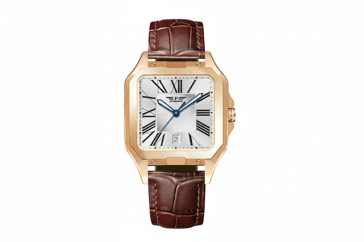 PINDU P6515 men's automatic square cushion case watch rose gold case brown leather strap white dial Roman numerals blue hands front view