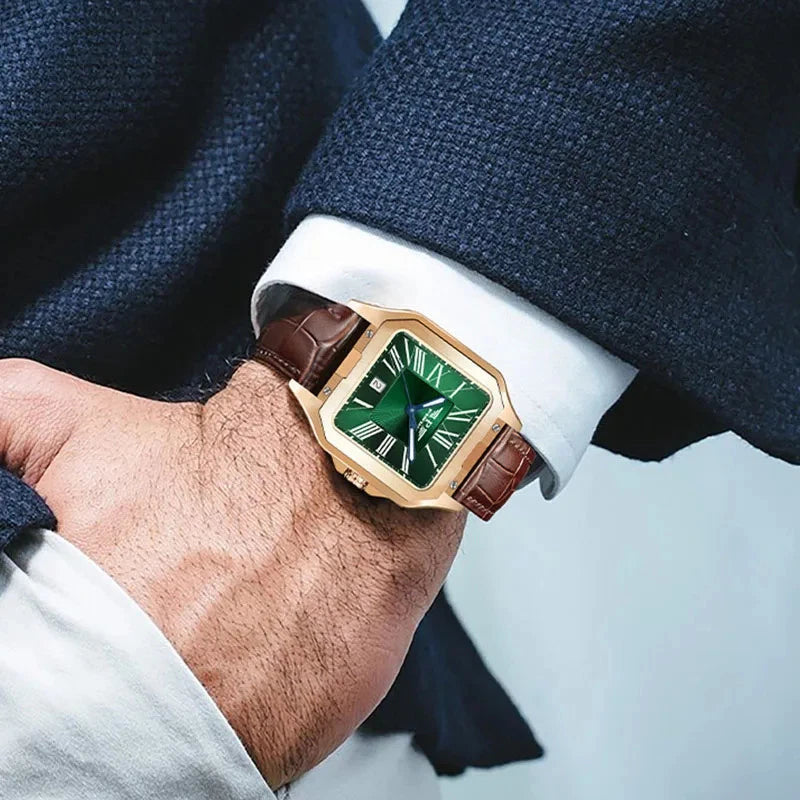 PINDU P6515 men's automatic square cushion watch on wrist formal business attire rose gold case brown leather strap