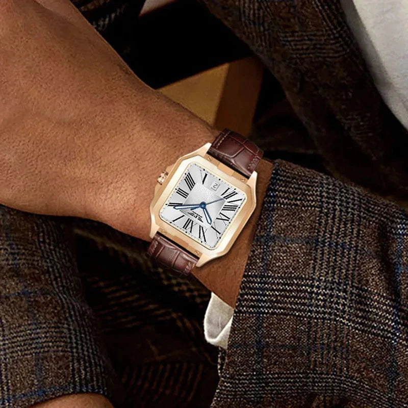 PINDU P6515 men's automatic square cushion watch on wrist rose gold case brown leather strap white sunburst dial
