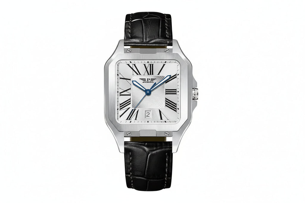 PINDU P6515 men's automatic square cushion case watch silver case black crocodile leather strap white dial Roman numerals front view