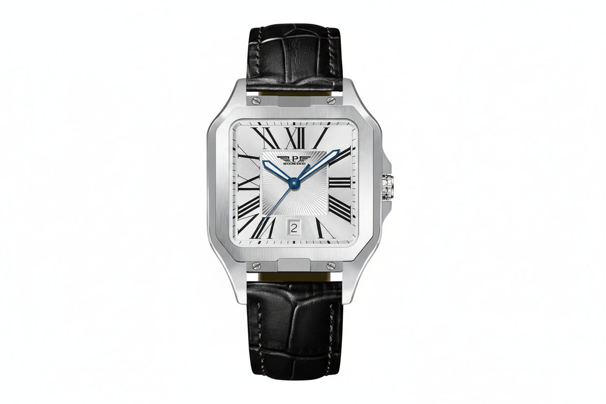 PINDU P6515 men's automatic square cushion case watch silver case black crocodile leather strap white dial Roman numerals front view