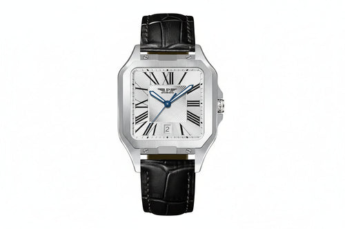 PINDU P6515 men's automatic square cushion case watch silver case black crocodile leather strap white dial Roman numerals front view