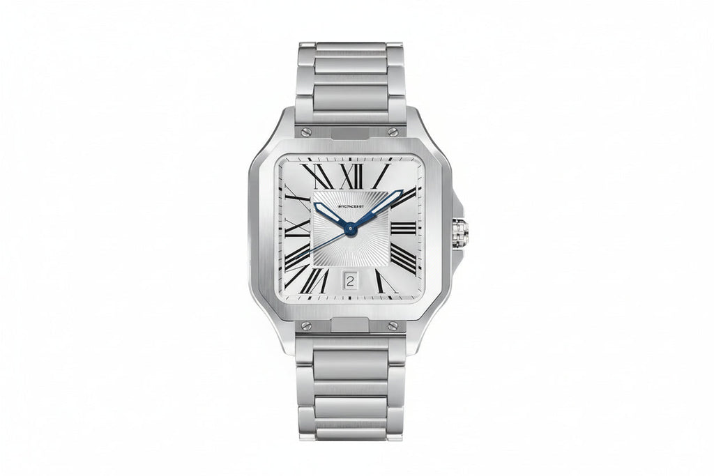 PINDU P6515 men's automatic square cushion case watch silver steel case steel bracelet white dial Roman numerals blue hands date window front view