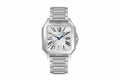PINDU P6515 men's automatic square cushion case watch silver steel case steel bracelet white dial Roman numerals blue hands date window front view