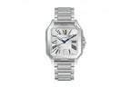 PINDU P6515 men's automatic square cushion case watch silver steel case steel bracelet white dial Roman numerals blue hands date window front view