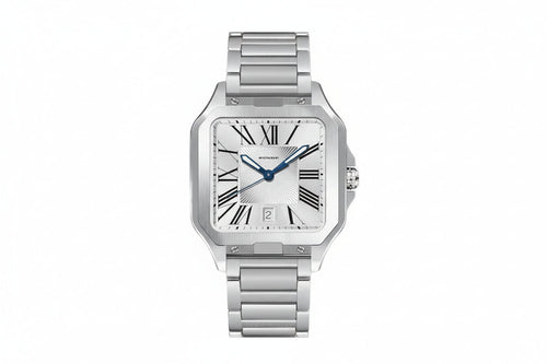 PINDU P6515 men's automatic square cushion case watch silver steel case steel bracelet white dial Roman numerals blue hands date window front view